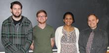 These three East Central University students (from left) Josh Smith, Cody Soden and Laura Blanco-Berdugo, along with Dr. Dane Scott, of the ECU Department of Chemistry, are headed to Washington D.C. later this month to present their work after being awarded a grant from the Environmental Protection Agency last fall.