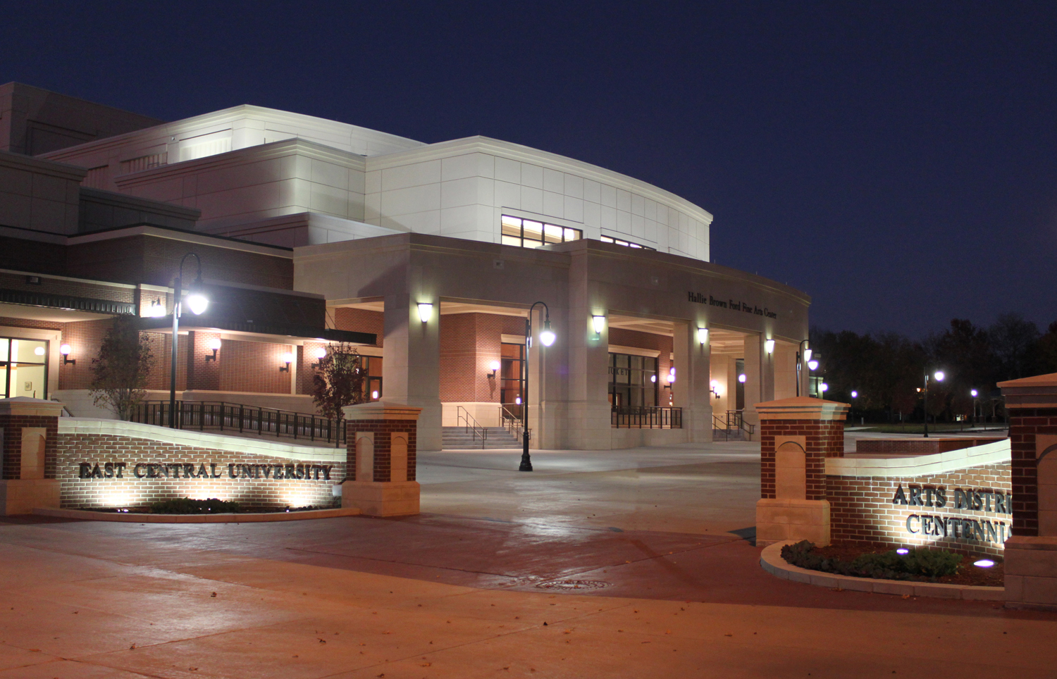 Hallie Brown Ford Fine Arts Center at night.