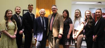 Group photo of the George Nigh Award finalists: Pictured from left are finalists Amanda Daniel, Blake Thomas, Carson Sandvik; Gov. George Nigh, Dr. Jeffrey Gibson, Dr. Sarah Peters, finalists Kiley Moore, Abigail Fowler and Katelen Cowger.