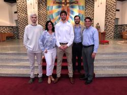 ECU President Wendell Godwin poses with his wife and three sons at St. Joseph’s Catholic Church in Ada. From left are Adam, Susie, Sam, Ben and Wendell. 