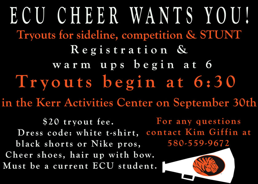 ECU Chear Wants You! Cheerleading flyer.