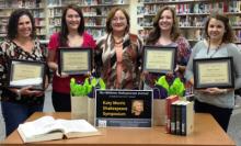 Four East Central University alumni and public school teachers were recently treated to a scholarship award to attend the recent Katy Morris Shakespeare Symposium, sponsored by the 34th Annual Oklahoma Shakespeare Festival in Durant. From left to right are: Katy Peercy, teacher at Tishomingo; Samantha Manuel, teacher at Seminole; Teresa Rothrock, associate professor in ECU’s Department of English and Languages and keynote speaker at the symposium; Erin Robertson, teacher at Byng; and Megan Cooper, teacher a