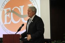 Mike Turpen gives a review of his book, “Turpen Time,” at East Central University Thursday, Sept. 11, 2014.