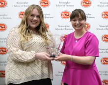 The team of Megan Boyles, left, and Lynsey Bonner, pictured here at the annual ECU Stonecipher School of Business Awards Banquet, took home third place in the Small Business division of the statewide Love’s Entrepreneur’s Cup competition for their idea “Swift and Sweet Events.”