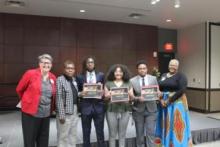 MLK Spirit Award winners were honored Tuesday, Feb. 22, 2022, at East Central University’s Black History Month commemoration events. Pictured from left are Dr. Christine Pappas, ECU professor; Dr. Shirley Mixon, ECU Professor; ECU students Jakaveon Shaw, Delanie Seals and Jaymin McClarty; and Chandra Miller, Diversity, Equity and Inclusion Committee member. 