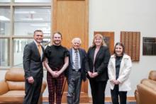 Four of the five George Nigh Award finalists at East Central University are pictured with Governor George Nigh. Pictured from left are Reese Siegle, Brandon Denney, Governor George Nigh, Bethany Bengs, and Kailey LeMay. 