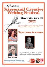 Flyer for 17th Scissortail Creative Writing Festival. Reiterates details in text of story. Includes photos of 3 featured authors, logos and decorative items.