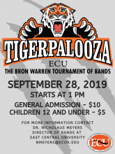 Tigerpalooza: The Bron Warren Tournament of Bands Koi Ishto Stadium at East Central University  General Admission - $10 Children under 12 - $5  For more information, contact Dr. Nicholaus Meyers at nmeyers@ecok.edu