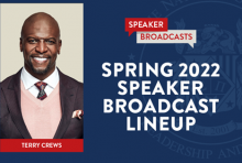 Terry Crew Header with white text that reads "Spring 2022 Speaker Broadcast Lineup"