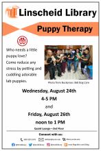 Puppy therapy flyer Wed August 24th, 4-5 pm