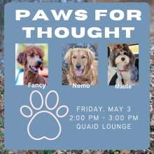Paws for Thought Flyer - 3 dogs will be present. Friday, May 3, 2 p.m. - 3 p.m. in the Quaid Lounge located inside Linscheid Library.