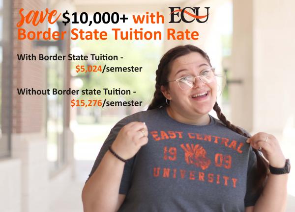 Female student holding shirt and smiling: Save $10,000+with ECU border state tuition rate With Border State Tuition - $5,024/semester  Without Border state Tuition - $15,276/semester